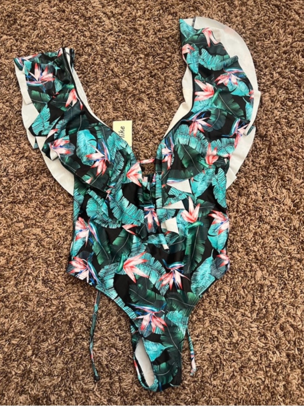 Tropical Floral Ruffle One-Piece Swimsuit - Black & Green
